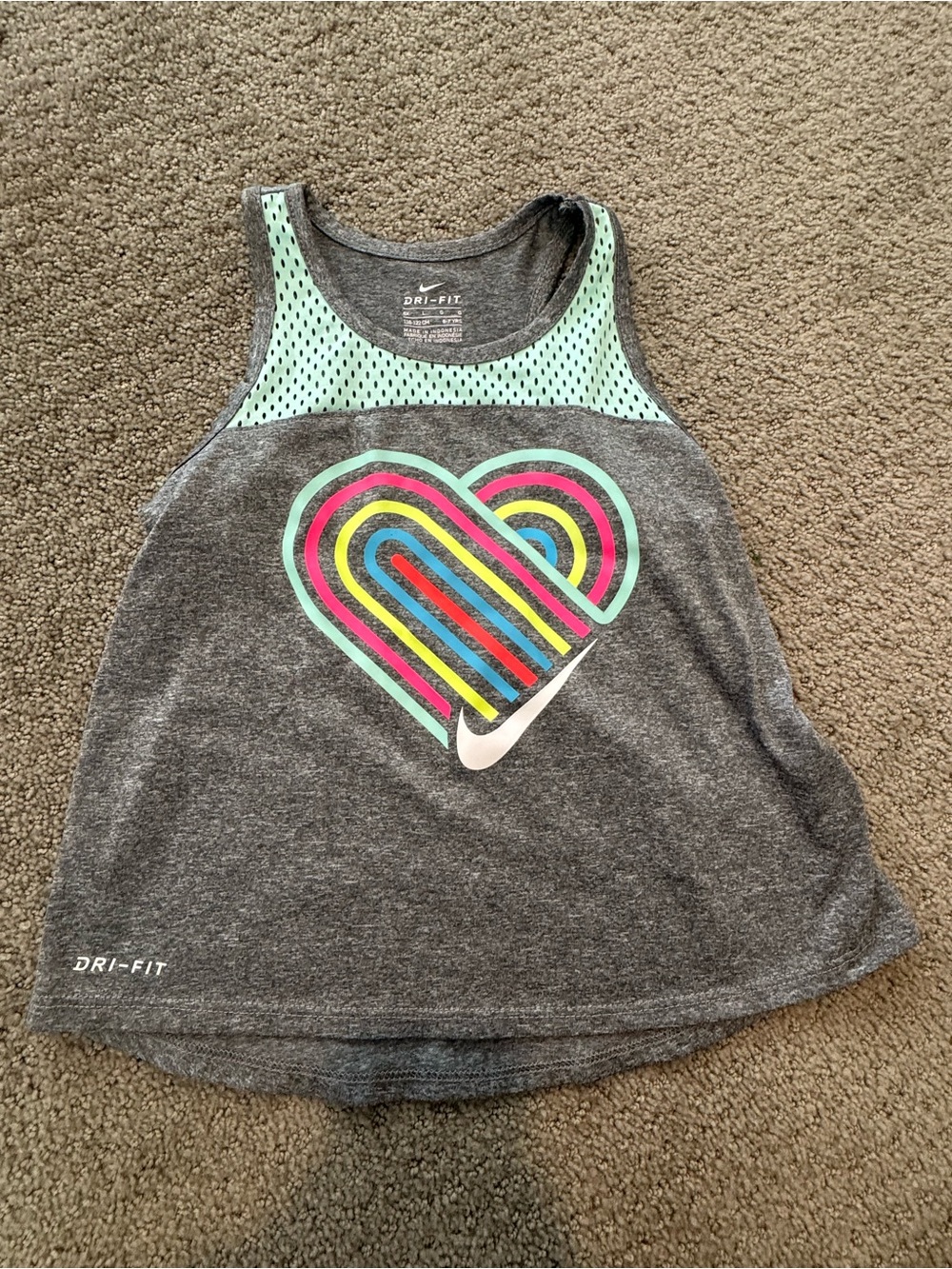 Nike Girls' Gray Tank with Mint Mesh Yoke and Multicolor Heart